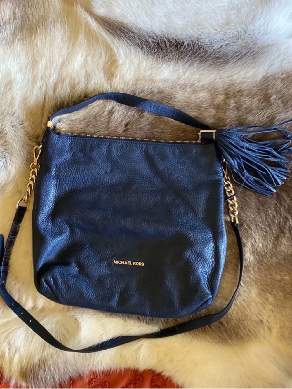 Michael Kors Navy Leather Shoulder Bag with Tassel